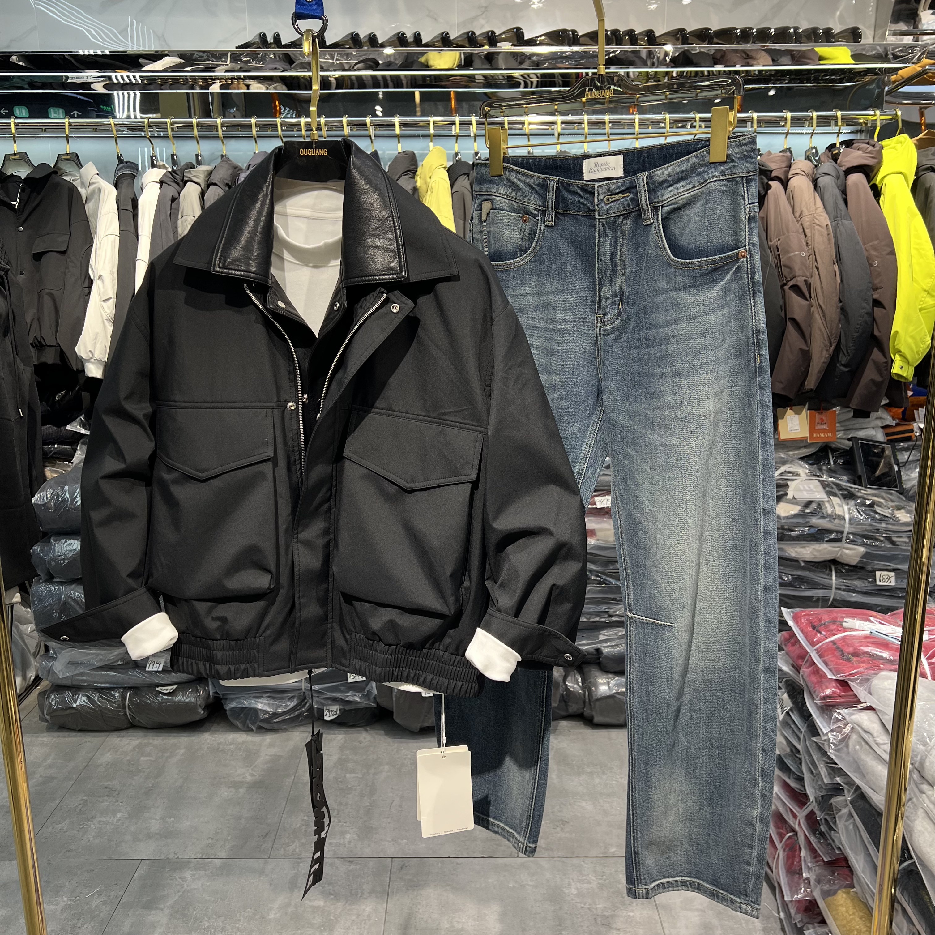 商场男士PU皮领拼接假两件翻领工装外套春季新款复古宽松痞帅夹克,男装,夹克,淘宝优惠券,粉丝福利购,淘宝优惠卷