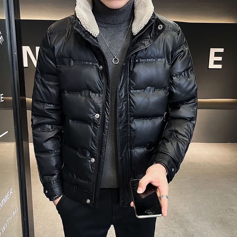 皮羽绒服男冬季短款羊羔毛立领加厚保暖休闲外套韩版潮流冬装