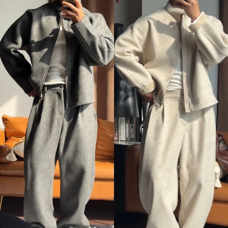 男士高级感潮流百搭新款重磅秋冬时尚休闲痞帅个性保暖款纯色套装