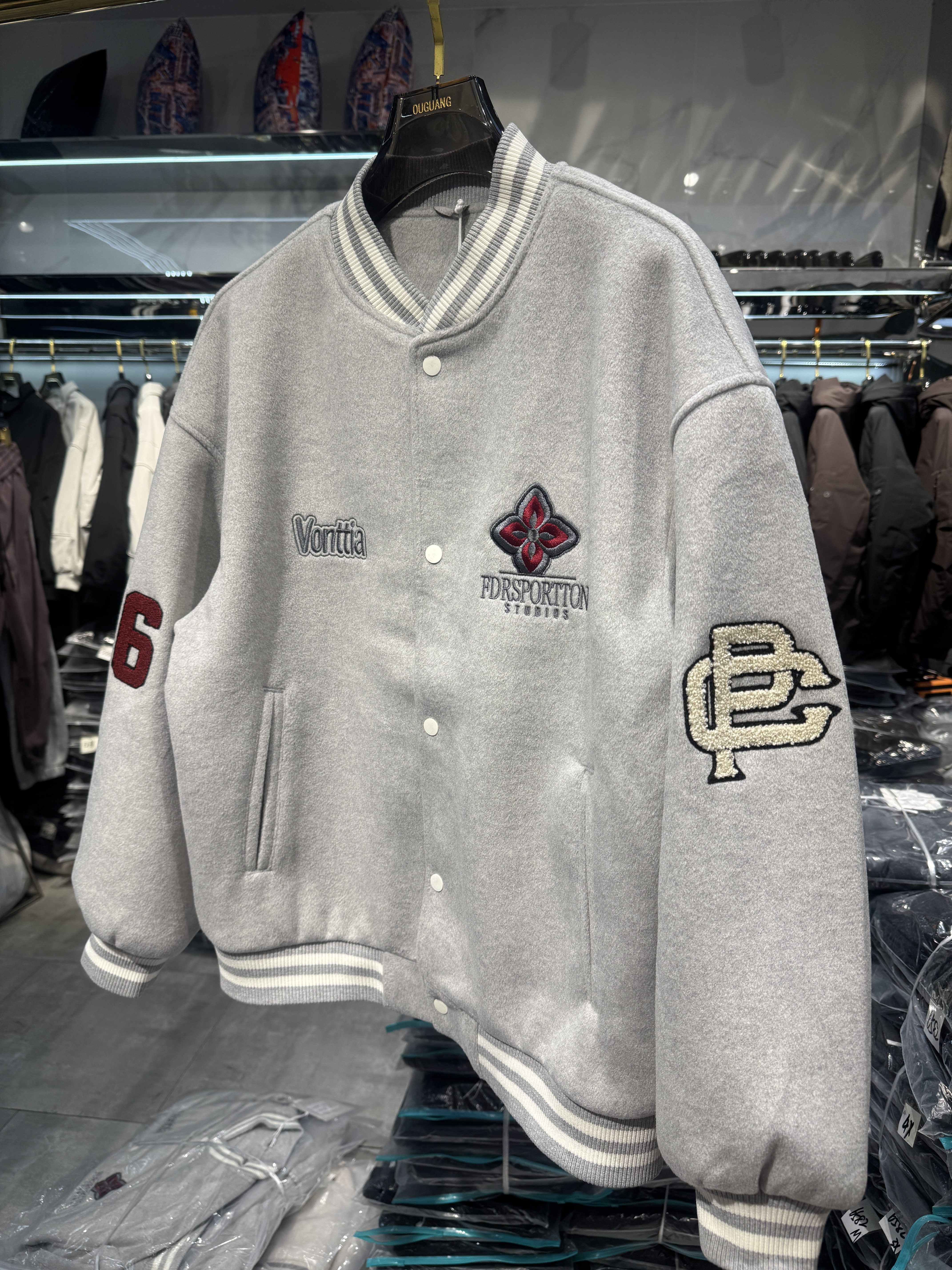 实体毛呢菱形绣花美式运动棒球服外套男士秋冬季重磅情侣宽松夹克