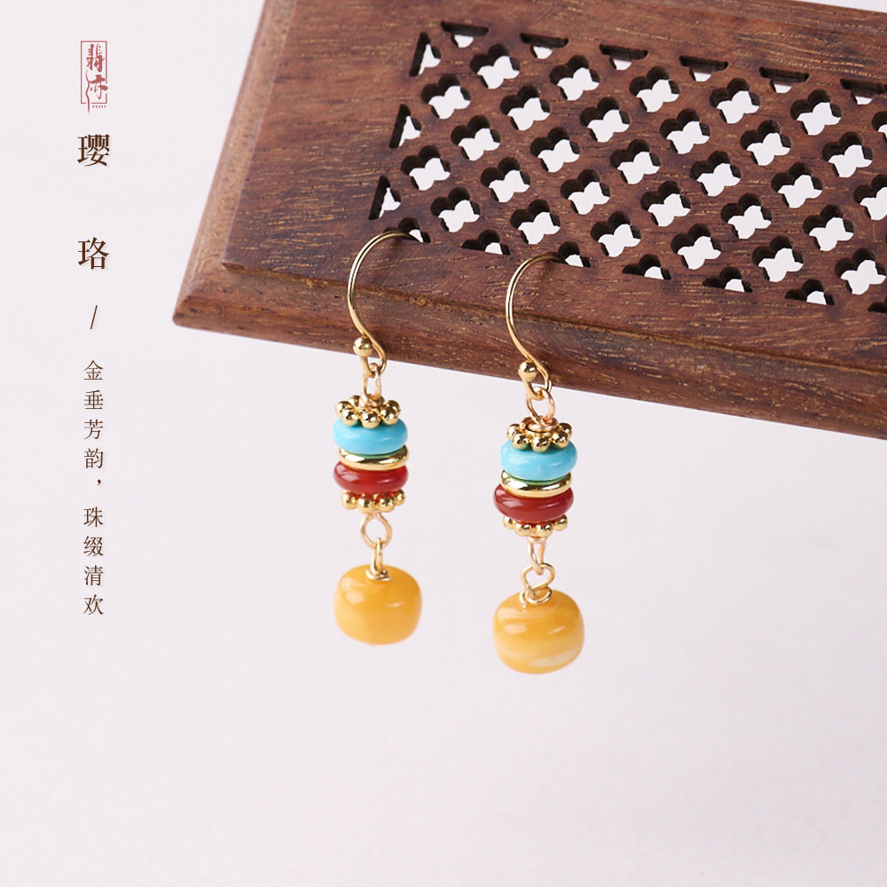 寺庙文创批发天然蜜蜡耳环女S925银针新中式绿松红玛瑙高级感耳饰