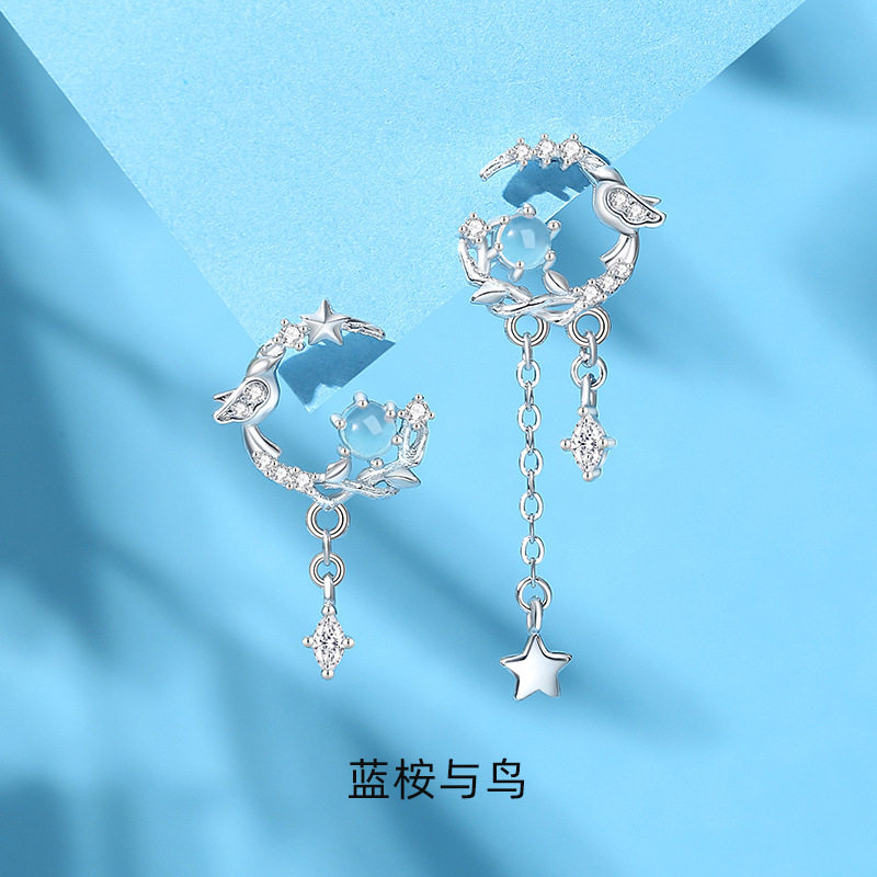蓝桉与鸟耳钉女纯银夏季韩版森系不对称小众设计流苏耳环原创代发
