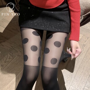 袜INS辣妹袜子 拼接大圆点提花连裤 日系黑色大圆点夏季 丝袜薄款