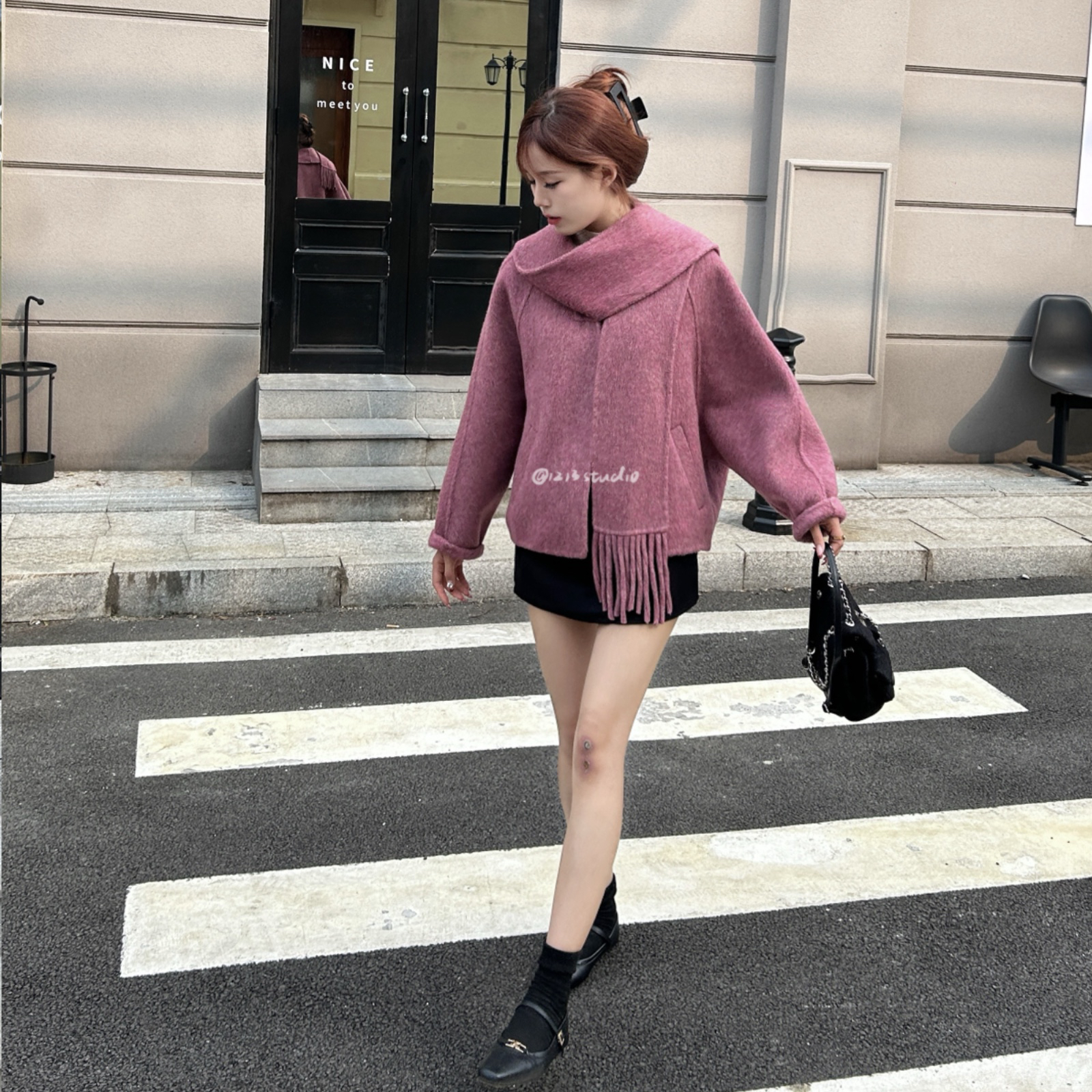 1213studio2024新款双面羊绒大衣女短款宽松设计感围巾外套外衣