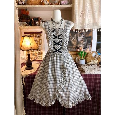 vintage古着小众格子背带连衣裙