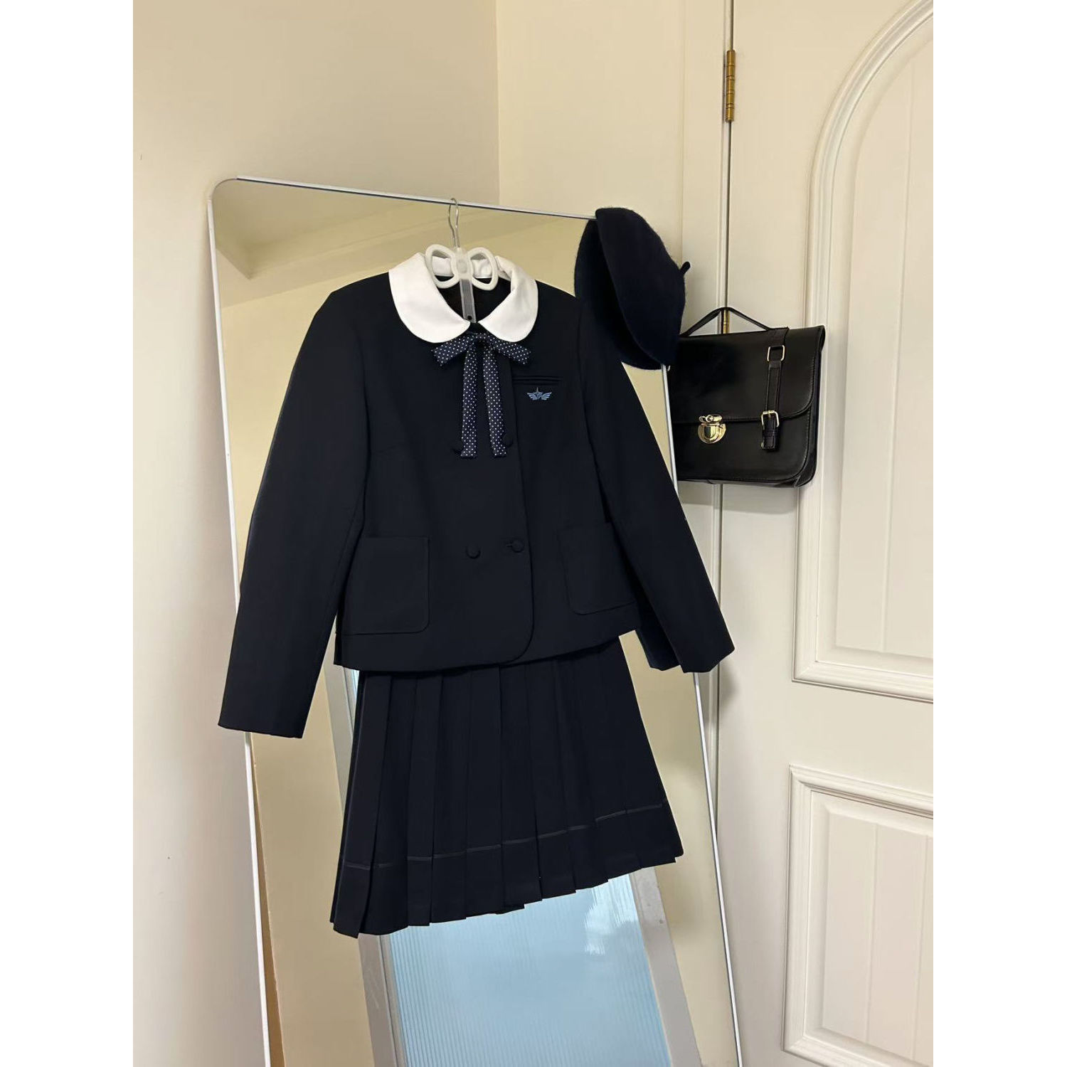 昭和少女 双排扣圆领西服外套+百褶裙两件套少女学院温柔风jk套装