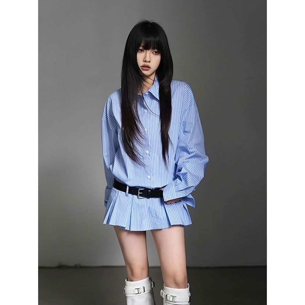 条纹翻领排扣收腰百褶下摆衬衫连衣裙+高腰衬衫短裤两件套配腰带