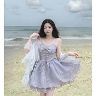 雨茉风铃 小众温柔连衣裙女 韵味紫蝴蝶结蕾丝印花吊带裙开衫 套装