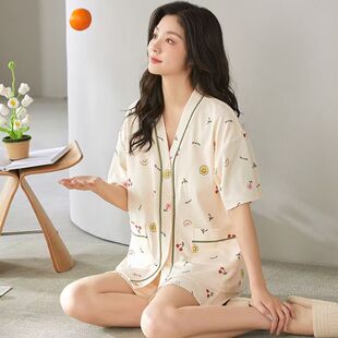带胸垫夏天纯棉两件套装 夏季 短袖 2026新款 性感家居服 短裤 睡衣女款