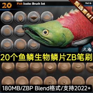 ZBrush鱼类海洋生物动物鱼鳞龙鳃鳞片鱼尾圆鳞雕刻ZB笔刷鱼鳍鱼尾