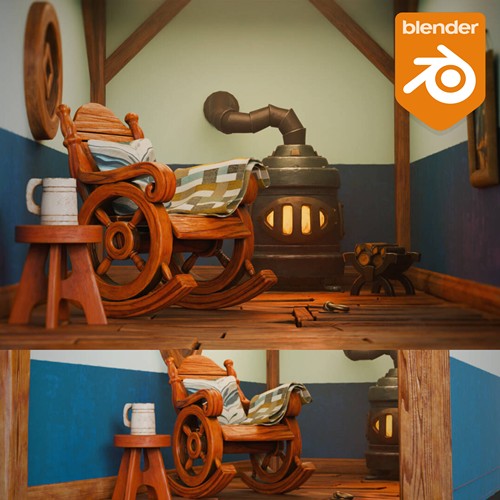 Blender素材工程源文件卡通吉卜力风格化北欧熔炉房屋室内3D模型