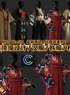 MD服装Clo3D模型5套女性高定设计汉服韩服和服时装龙古装素材文件