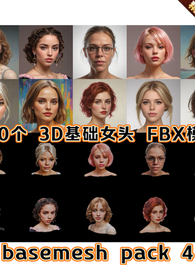 250个3D 欧美女性角色人头肖像参考3D基础模型FBX  basemesh A站