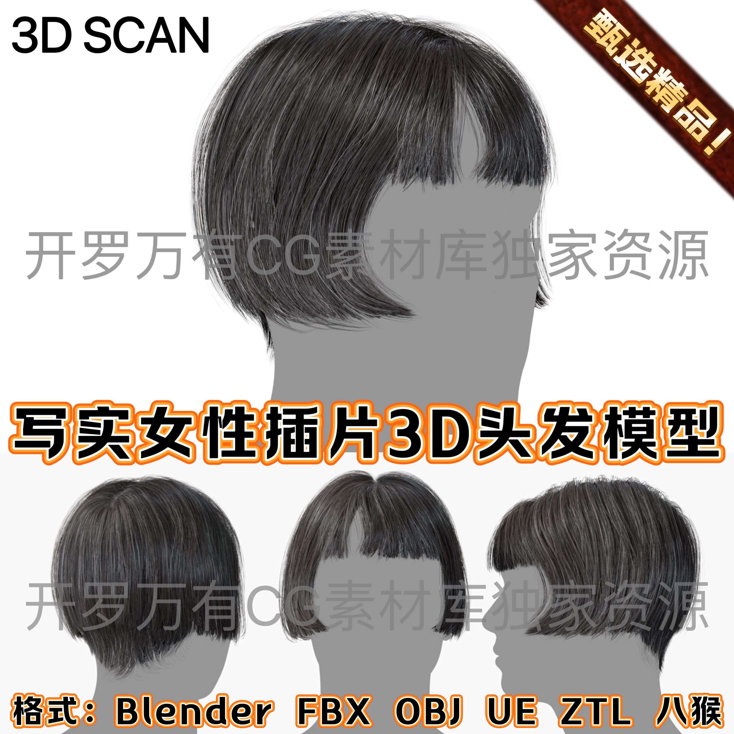 3DScan高细节写实国风女性人物头部实时插片3D毛发短发面片3D模型