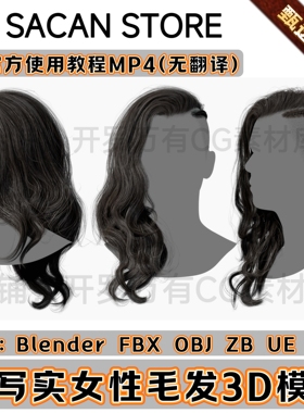 3DScanStore高写实毛发女性插片头发半剃刀长发3D模型Blender FBX