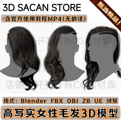 3DScanStore高写实毛发女性插片头发半剃刀长发3D模型Blender FBX