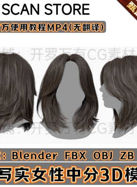 3DScanStore写实毛发女性插片长发头发中分毛发3D模型Blender fbx