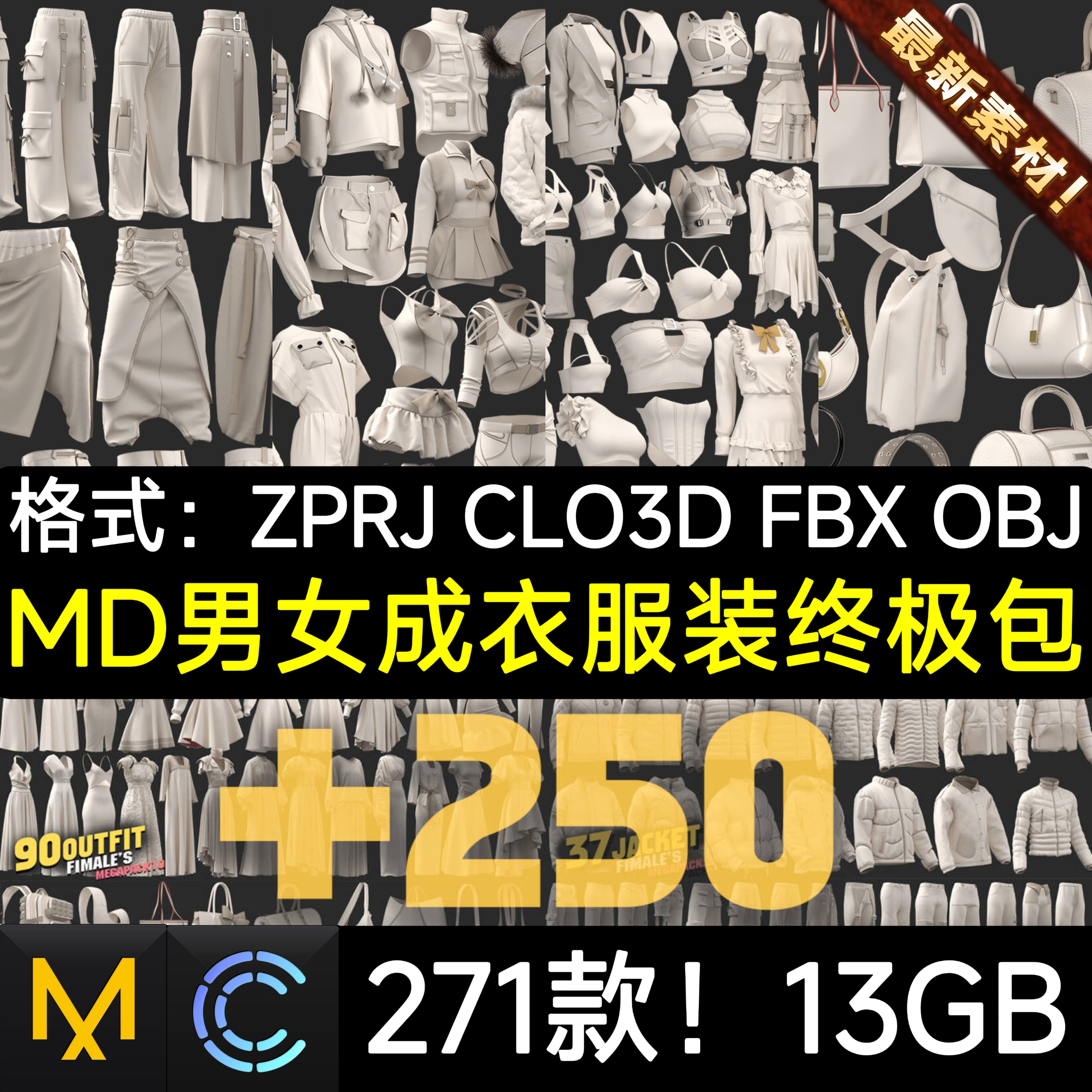 271款MD服装素材Clo3D模型男女正装礼服夹克街头裙裤Zprj打板文件