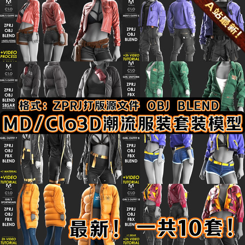 MD服装Clo3D模型时尚潮流衣服机能羽绒服外套蕾丝裤ZPRJ打版文件