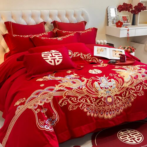结婚四件套喜庆红色全纯水洗棉磨毛亲肤棉被套新婚庆陪嫁床上用品
