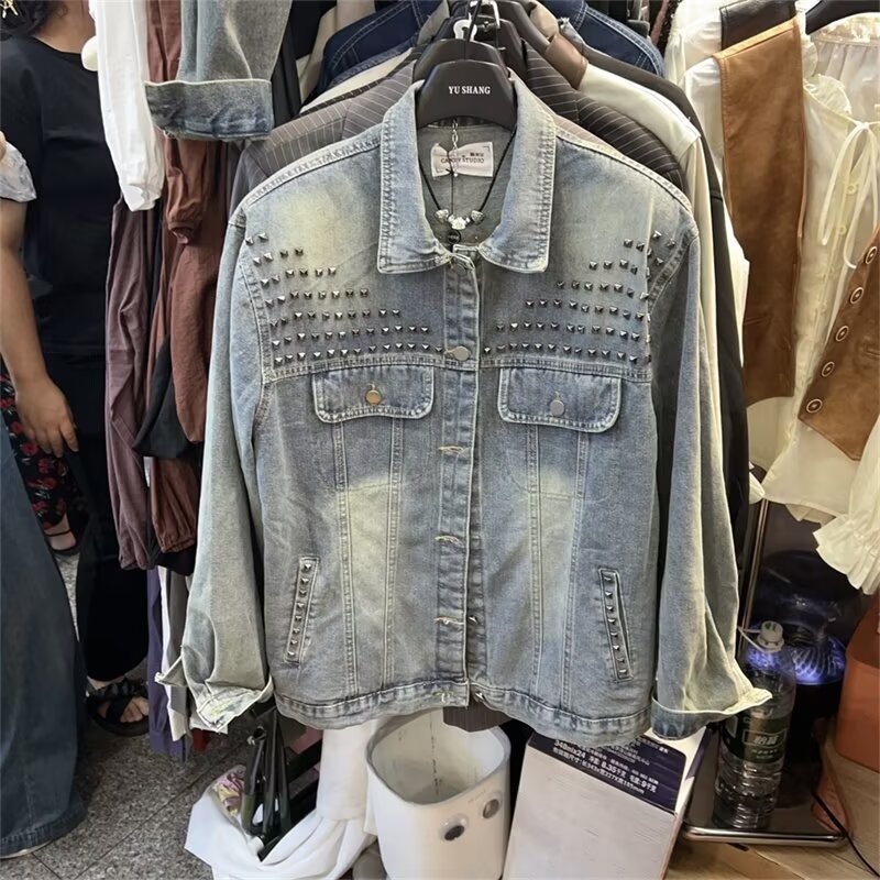 美式复古重工水洗铆钉牛仔外套男痞帅青年宽松百搭慵懒风夹克上衣