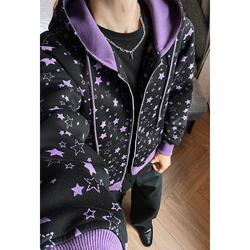 美式潮牌星星印花连帽开衫卫衣男女秋季情侣宽松百搭休闲上衣外套