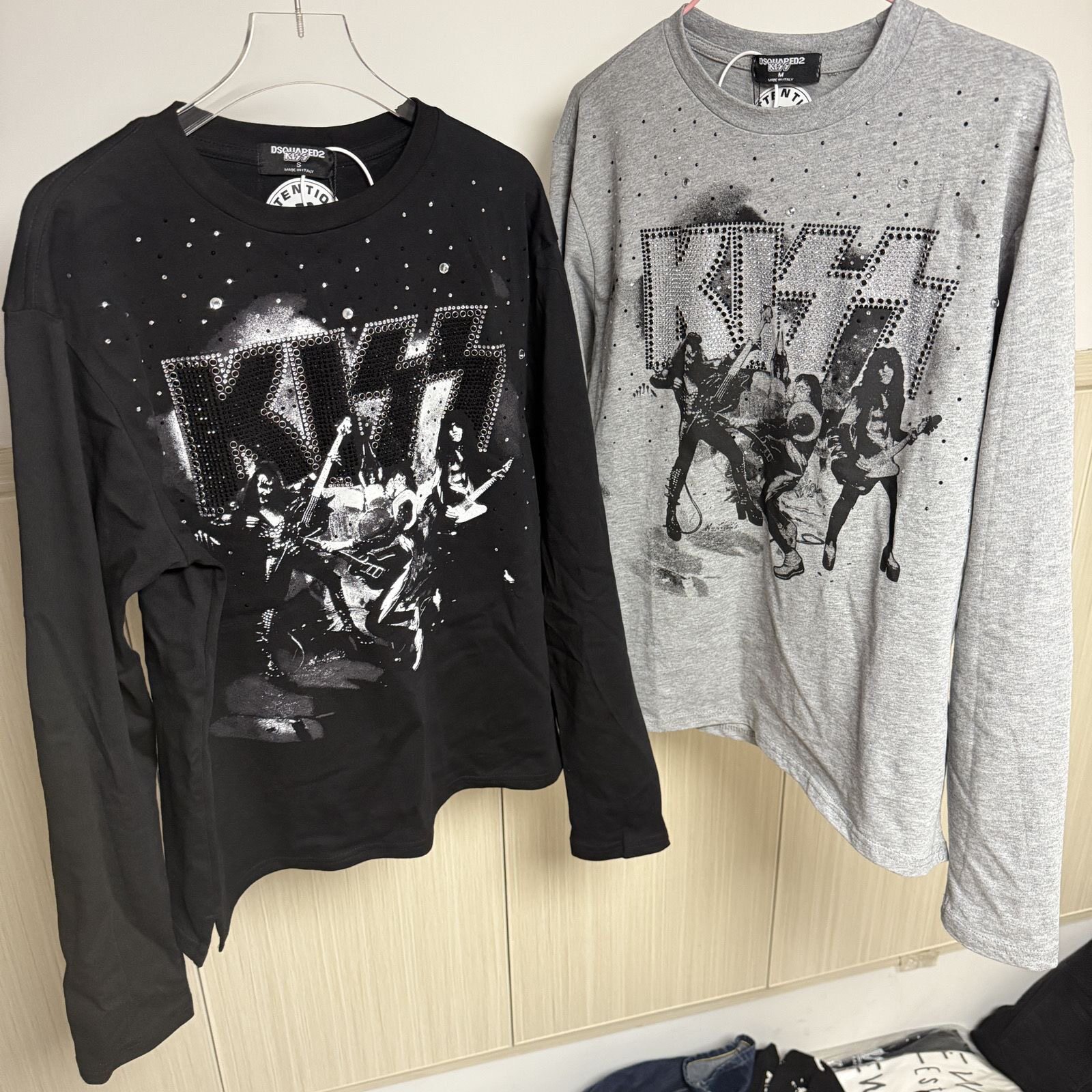 美式摇滚风KISS烫钻印花长袖T恤男女同款秋季宽松百搭休闲上衣服