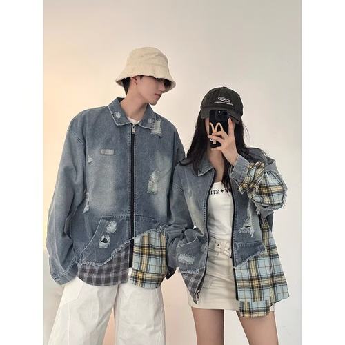 美式复古拼接格子布破洞牛仔外套男女情侣装宽松百搭休闲夹克上衣