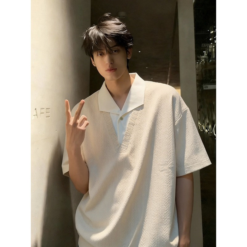 美式简约麦穗纹翻领针织短袖t恤男夏季韩版青年宽松百搭休闲上衣