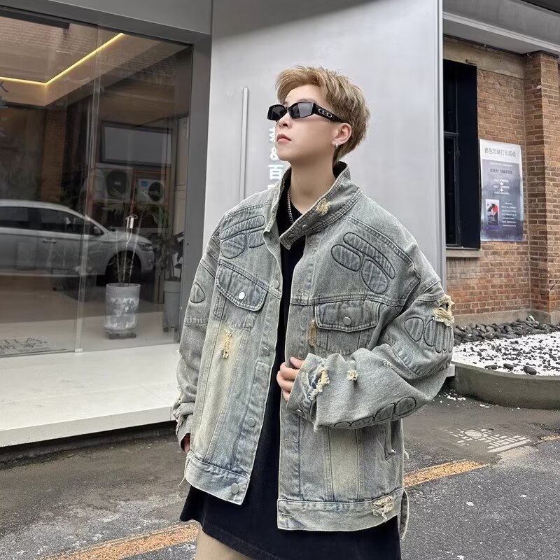 美式复古水洗做旧破洞翻领牛仔外套男小众设计感宽松百搭休闲上衣