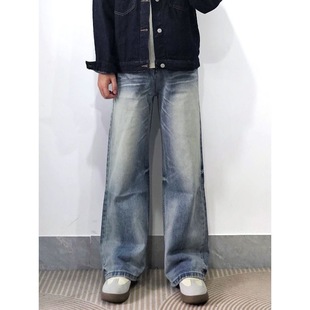 潮流痞帅青年宽松百搭直筒微喇裤 男秋冬季 潮牌休闲阔腿牛仔裤 美式