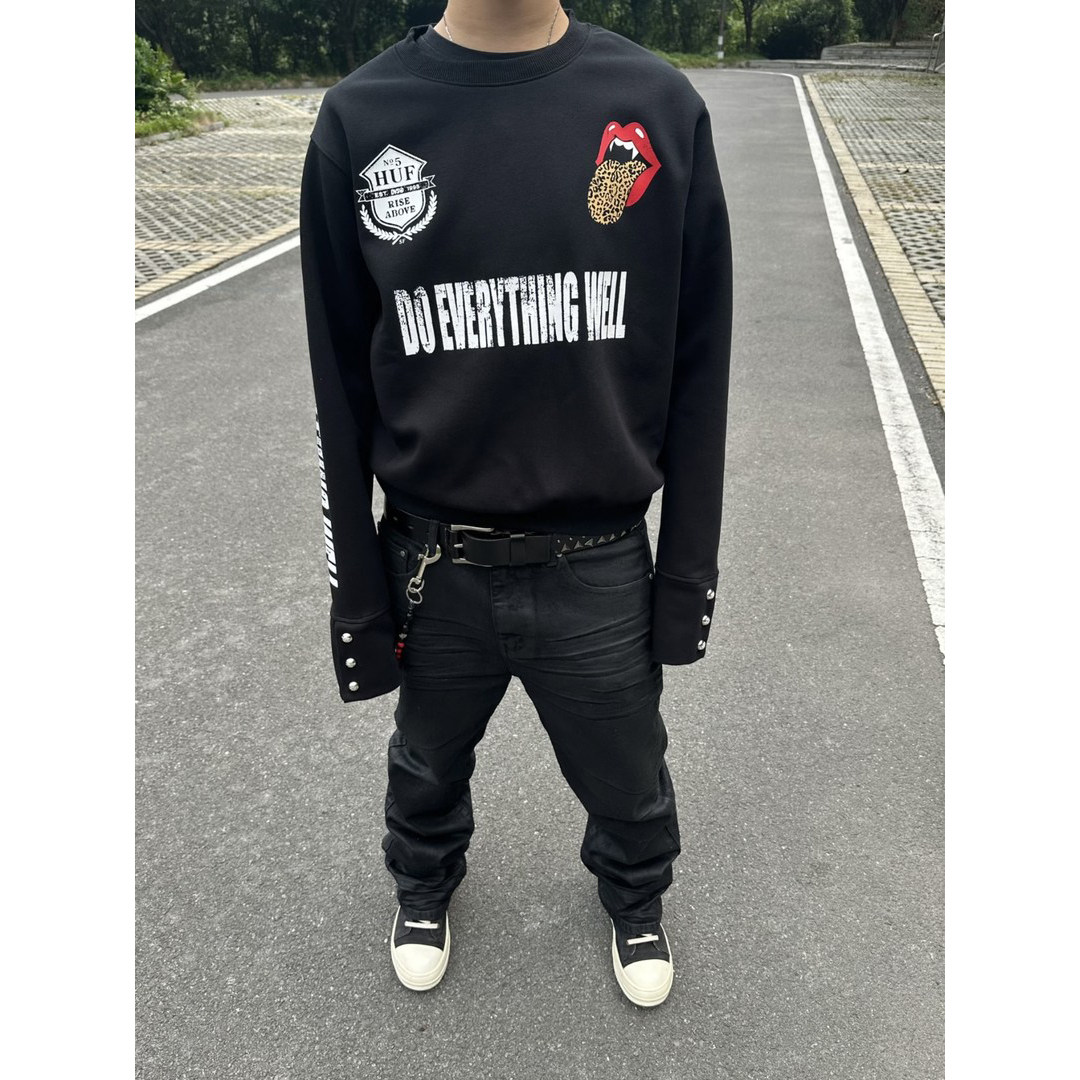 美式潮牌豹纹舌头印花铆钉长袖卫衣男女同款宽松百搭休闲圆领上衣