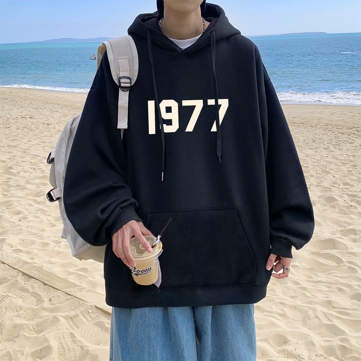 高街潮牌创意1977印花连帽卫衣男2025秋季小众设计感宽松百搭外套