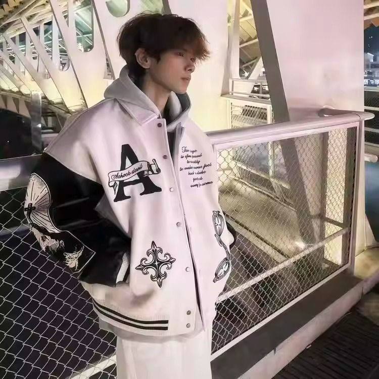 美式复古重工刺绣翻领棒球服外套男春季潮流青年宽松百搭休闲夹克