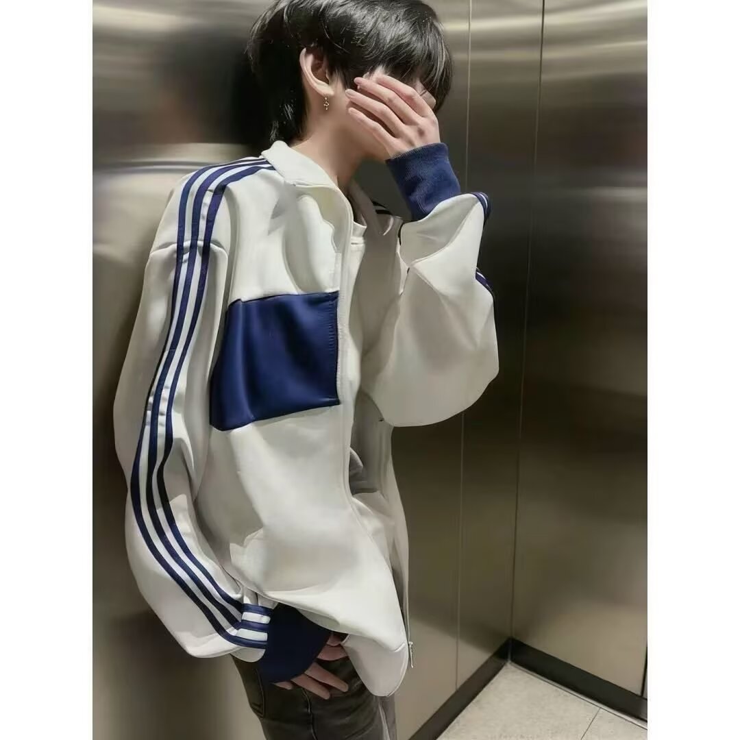 美式复古蓝白拼接条纹立领开衫卫衣男春秋季潮牌宽松百搭撞色外套
