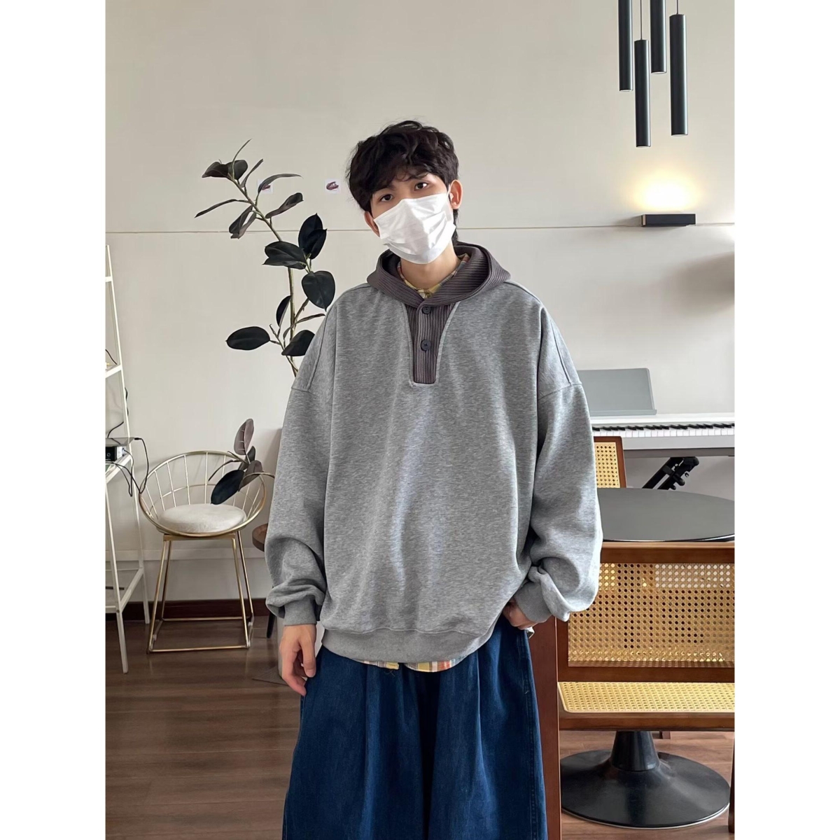 高街潮牌小众设计感纯色连帽卫衣男秋季青年宽松百搭纽扣帽衫外套