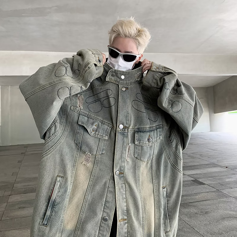 高街潮牌小众设计感做旧破洞牛仔外套男痞帅青年宽松百搭翻领夹克