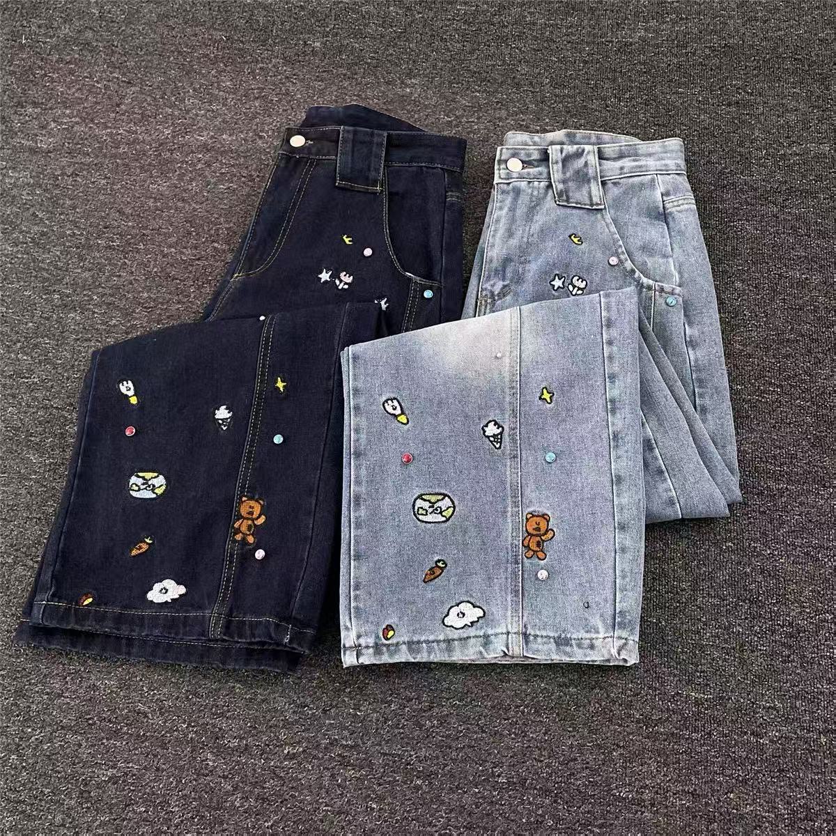 美式复古水洗做旧卡通刺绣牛仔裤男秋季潮牌青年宽松百搭阔腿长裤