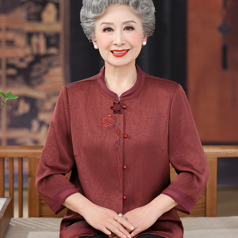 夏季薄款喜庆唐装老人衬衫套装