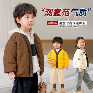 小黄鸭宝宝棉服中小童加绒内胆秋冬V领轻薄棉衣外套男童女童棉袄
