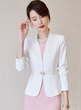 初秋白色气质长袖外套2022年v领送腰带女神范小西装高级感小外搭