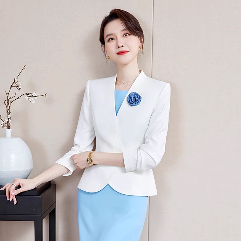 主持人长袖西装女春秋时尚白色气质OL白领外套浅蓝色旗袍裙套装