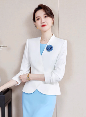 主持人长袖西装女春秋时尚白色气质OL白领外套浅蓝色旗袍裙套装
