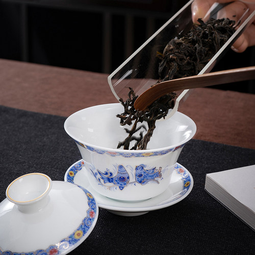 潮汕功夫茶三杯盖碗盖凹茶备