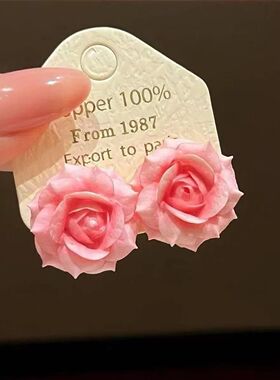 粉色蔷薇山茶花耳钉花朵
