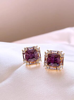 轻奢独特高级感紫色水晶耳钉女耳饰秋冬气质大气2024年新款爆款