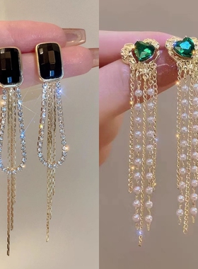 长款黑色闪钻流苏耳环小众耳钉