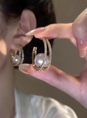 高级感轻奢满钻圈圈珍珠耳环女独特设计感气质耳圈个性时尚耳饰