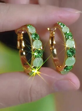 春夏绿色锆石圆圈耳环高级感耳扣