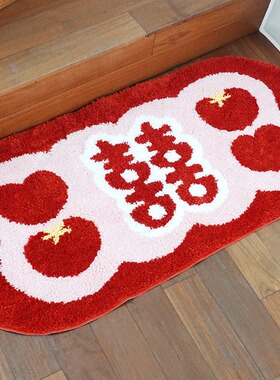 日本进口结婚红色床边毯高级植绒喜字卧室地毯长毛喜庆地垫婚房入
